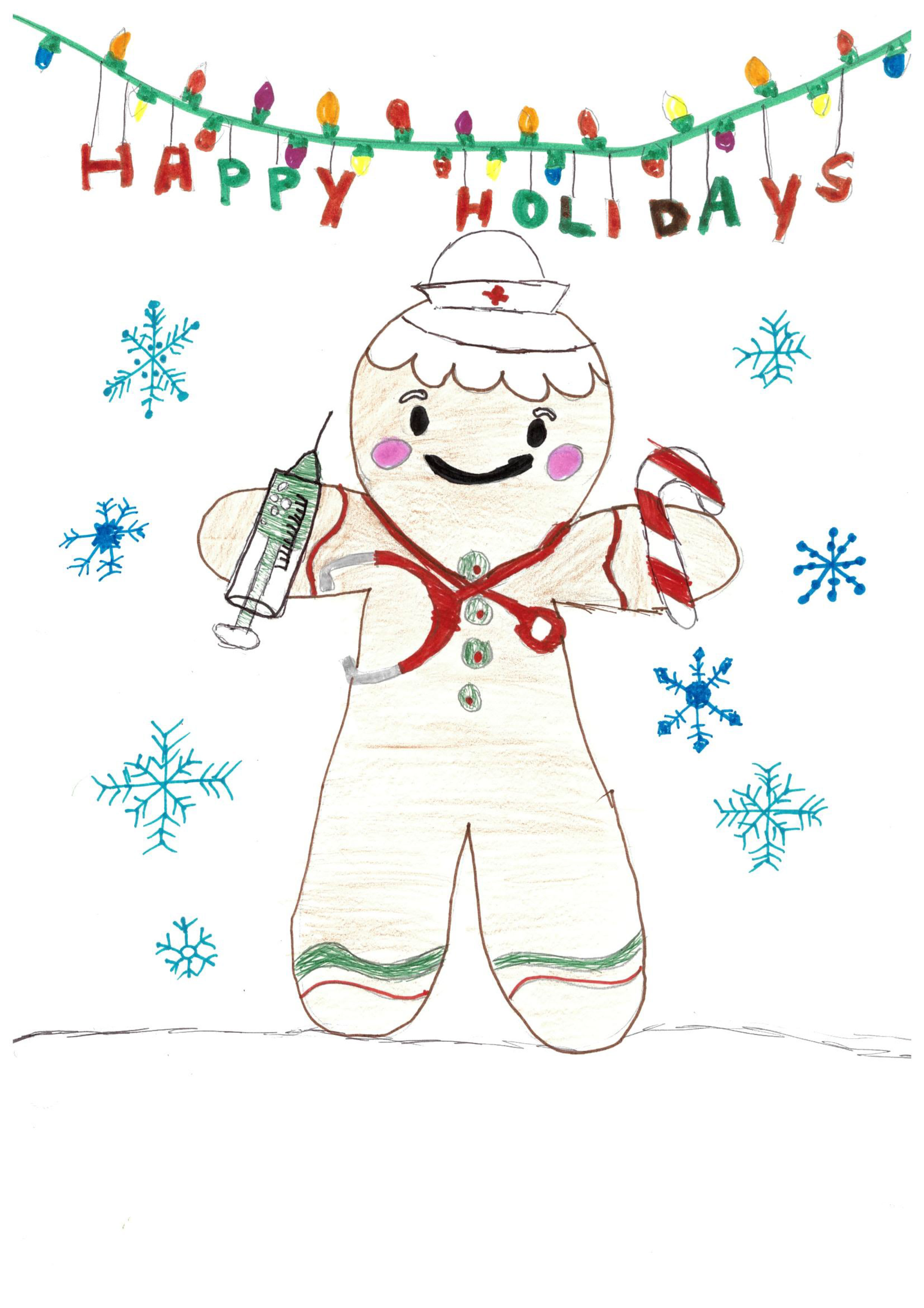 A holiday card featuring a gingerbread person as a healthcare worker