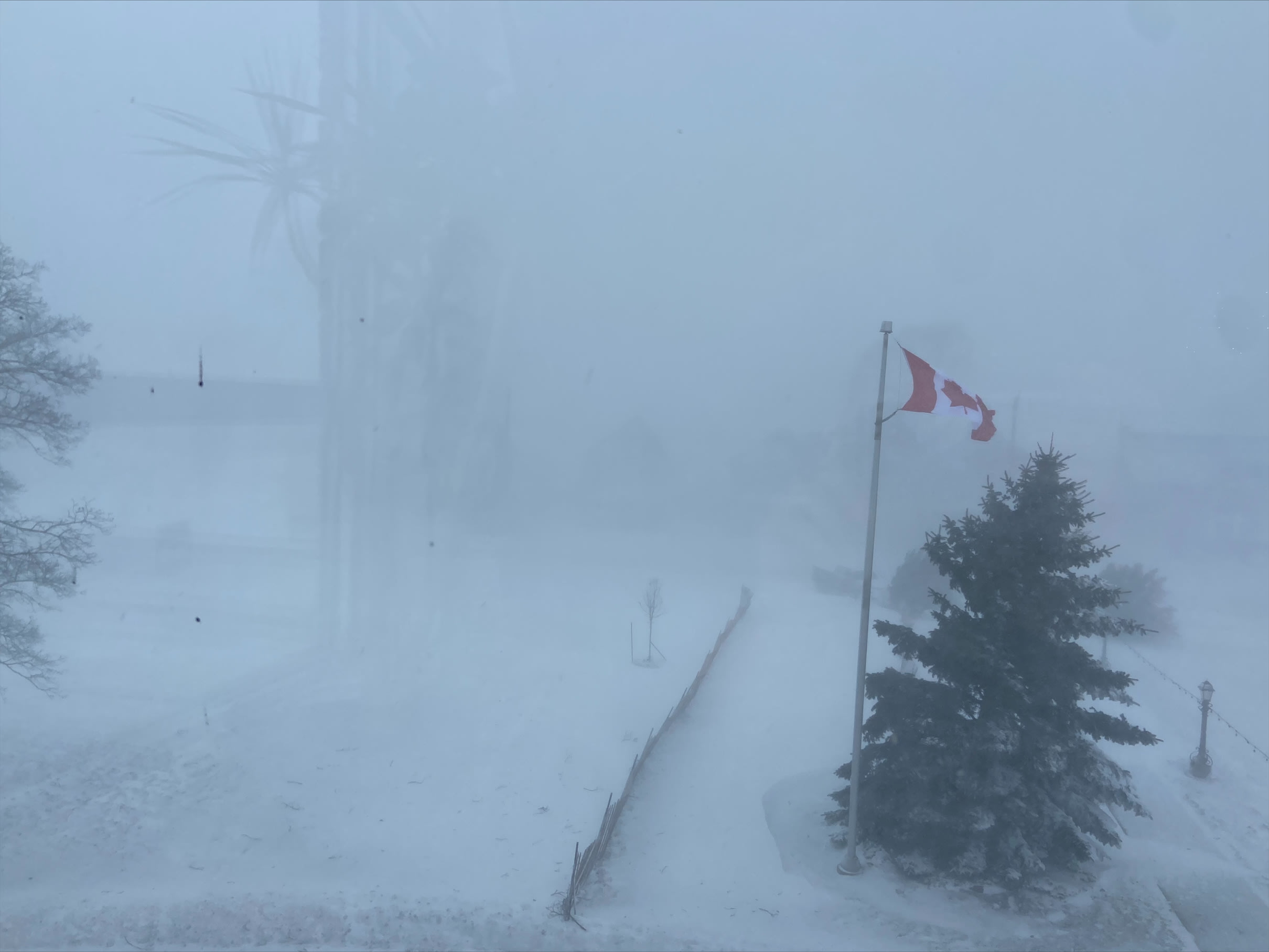 A blizzard with the faint outline of a building in the background. A Canadian flag flaps in the wind.
