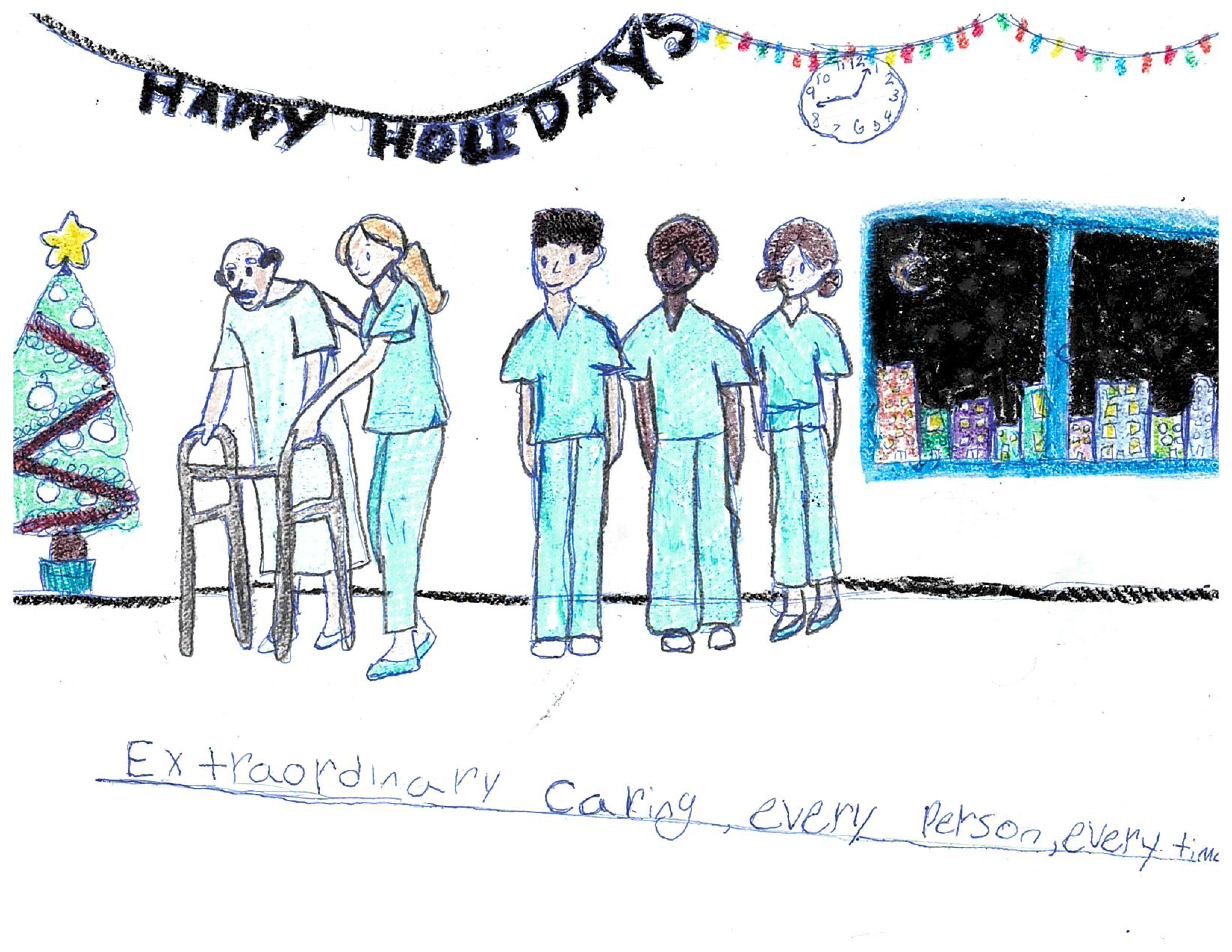 The staff favourite holiday card showing hospital staff helping a patient