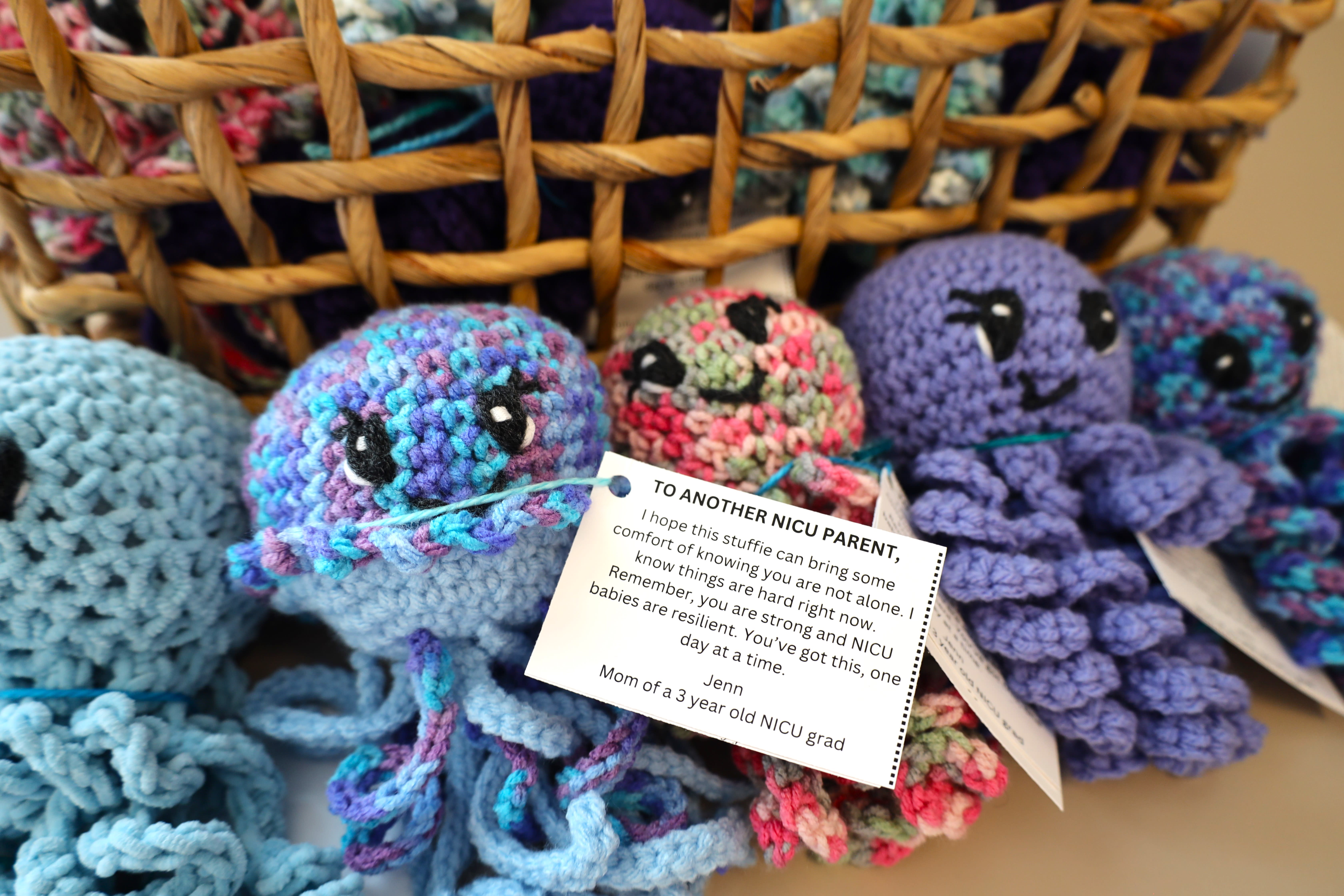 The octopus toys Jenn Marinelli crocheted were complete with attached messages of hope and solidarity to fellow NICU parents.