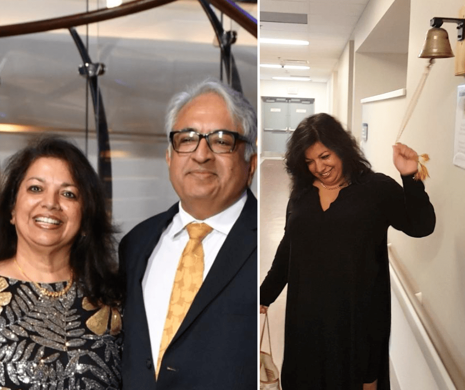 Dr. Satish Chawla and his wife Surabhi Chawla (left). Surabhi Chawla ringing the cancer-free bell at WFCC (right).