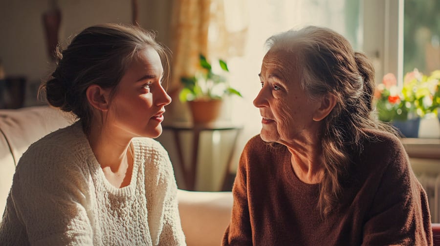 A young and older woman sit facing each other in comforting way in a family home.